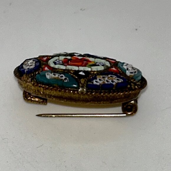 Vintage IMicro Mosaic Oval Brooch Floral  Gold-Tone C-Clasp Made in Italy - Picture 5 of 16